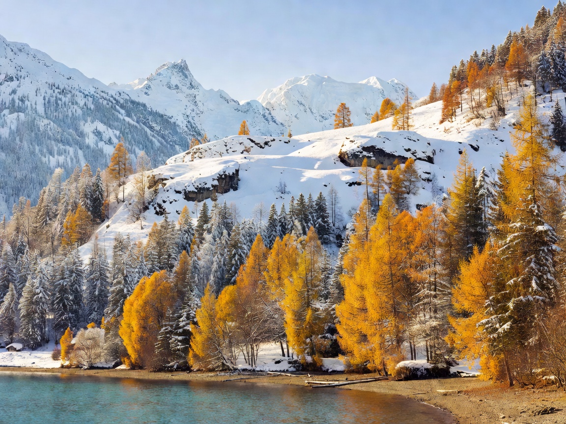 Lake Lucerne shoreline transitioning between golden autumn trees and crisp alpine snow