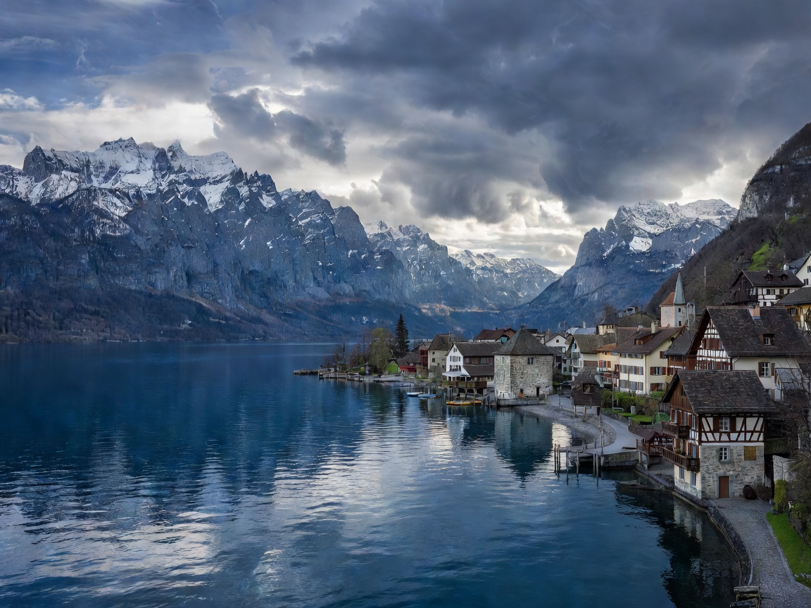 Lake Lucerne surrounded by dramatic Alpine summits and lakeside historic architecture