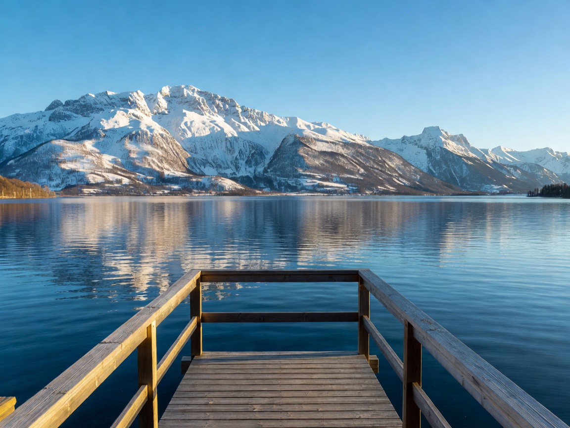 Lakeside hotel terrace overlooking deep blue water and snow-capped alpine peaks