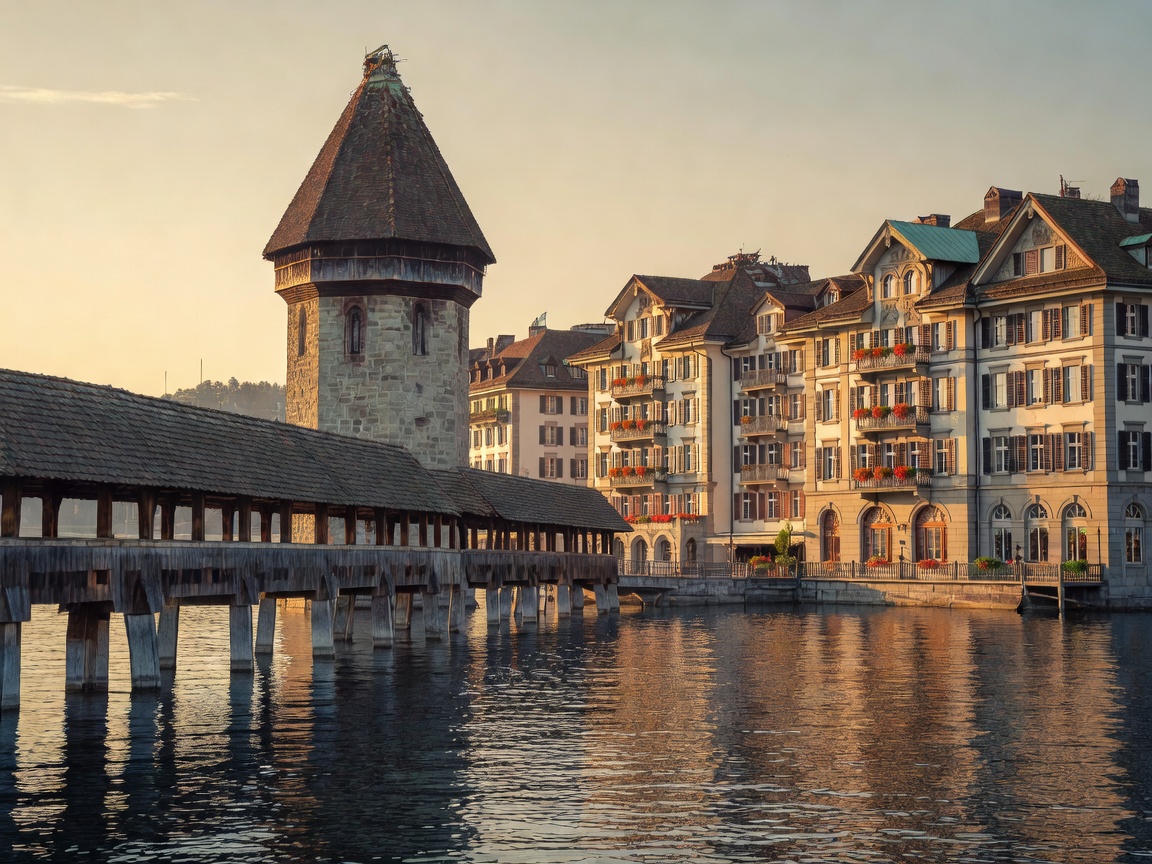 Lucerne Chapel Bridge and water tower near lakeside heritage hotels