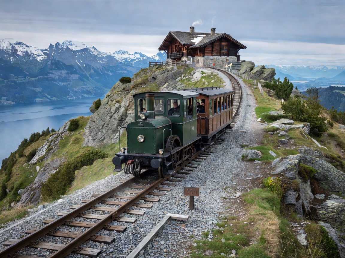 Steep cogwheel mountain railway leading to summit lodge near Lake Lucerne